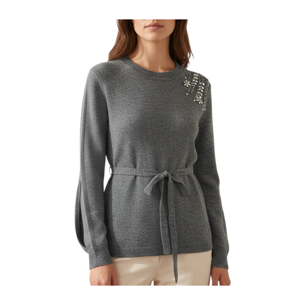 Maglia girocollo grigia Peg Fashion Store con cintura in vita e decorazione floreale di cristalli sulla spalla