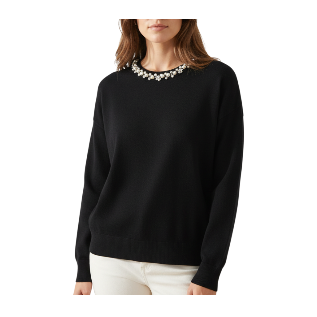 Maglia crop nera Peg Fashion Store con girocollo decorato da strass e perle, maniche lunghe e polsini a coste