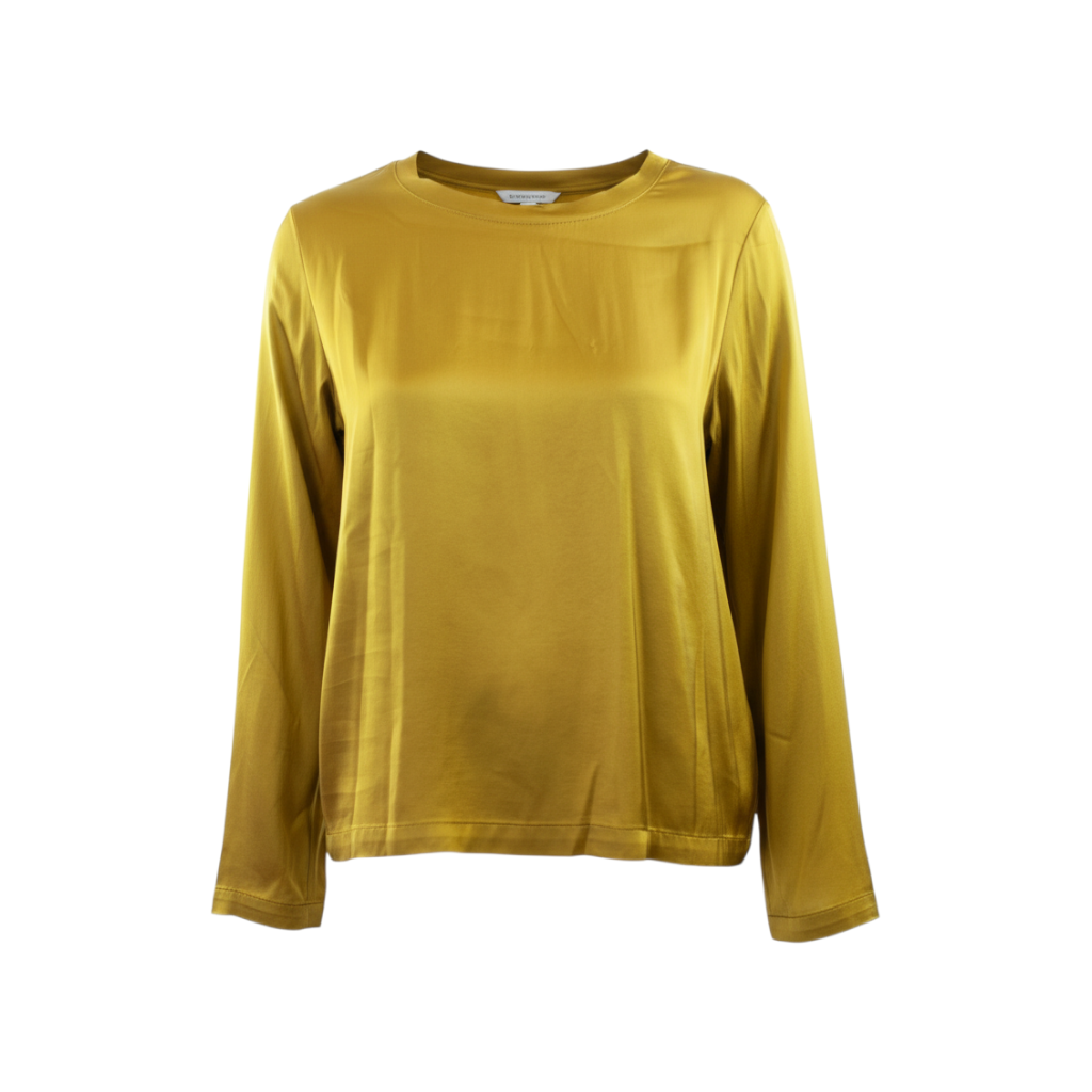T-shirt a manica lunga Peg Fashion Store in raso color oro con scollo rotondo e finitura lucida