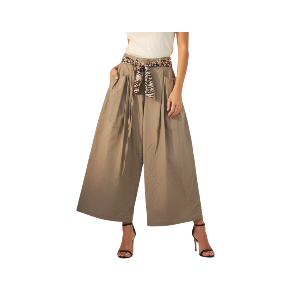 Pantalone largo Peg Fashion Store color tortora con cintura a foulard animalier e tasche laterali