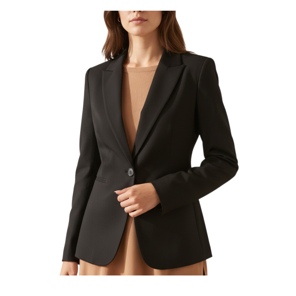 Blazer avvitato nero Anitiè da Peg Fashion Store con taglio elegante e silhouette strutturata su maglia color cammello