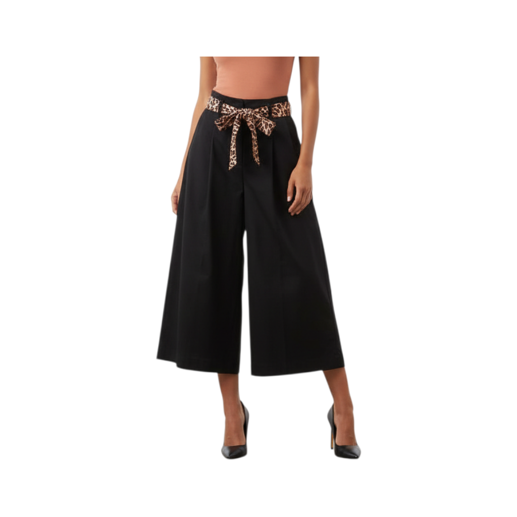 Pantalone largo nero Peg Fashion Store con cintura a foulard stampa animalier annodata in vita