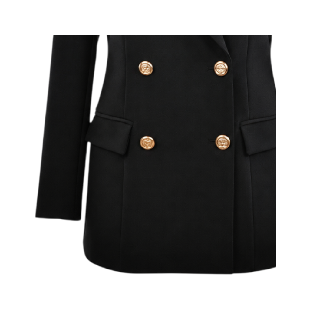 Giacca doppio petto nera Peg Fashion Store con bottoni dorati eleganti e tasche a filetto