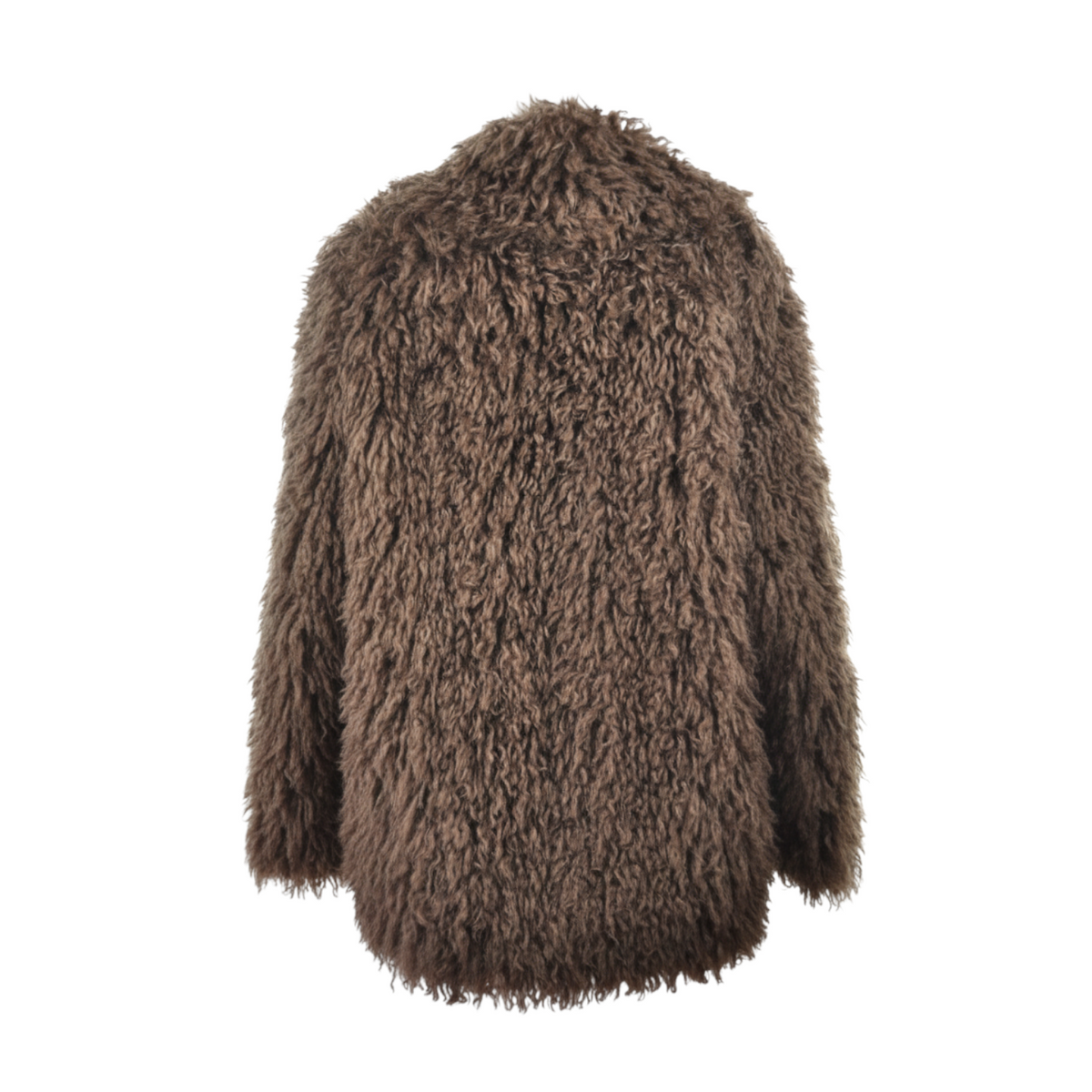 Giacca in ecopelliccia marrone LOLA ECOFUR di Peg Fashion Store, vista posteriore con texture soffice e voluminosa