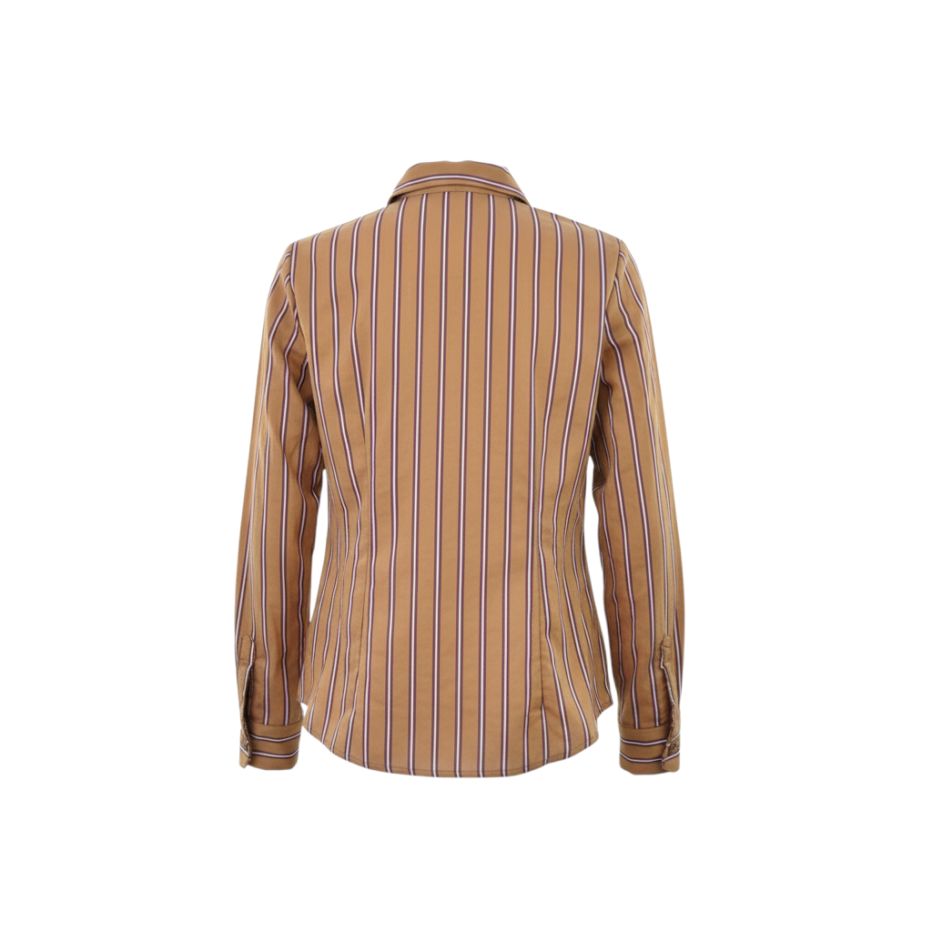 Vista posteriore della camicia a righe Peg Fashion Store color marrone con colletto classico e maniche lunghe