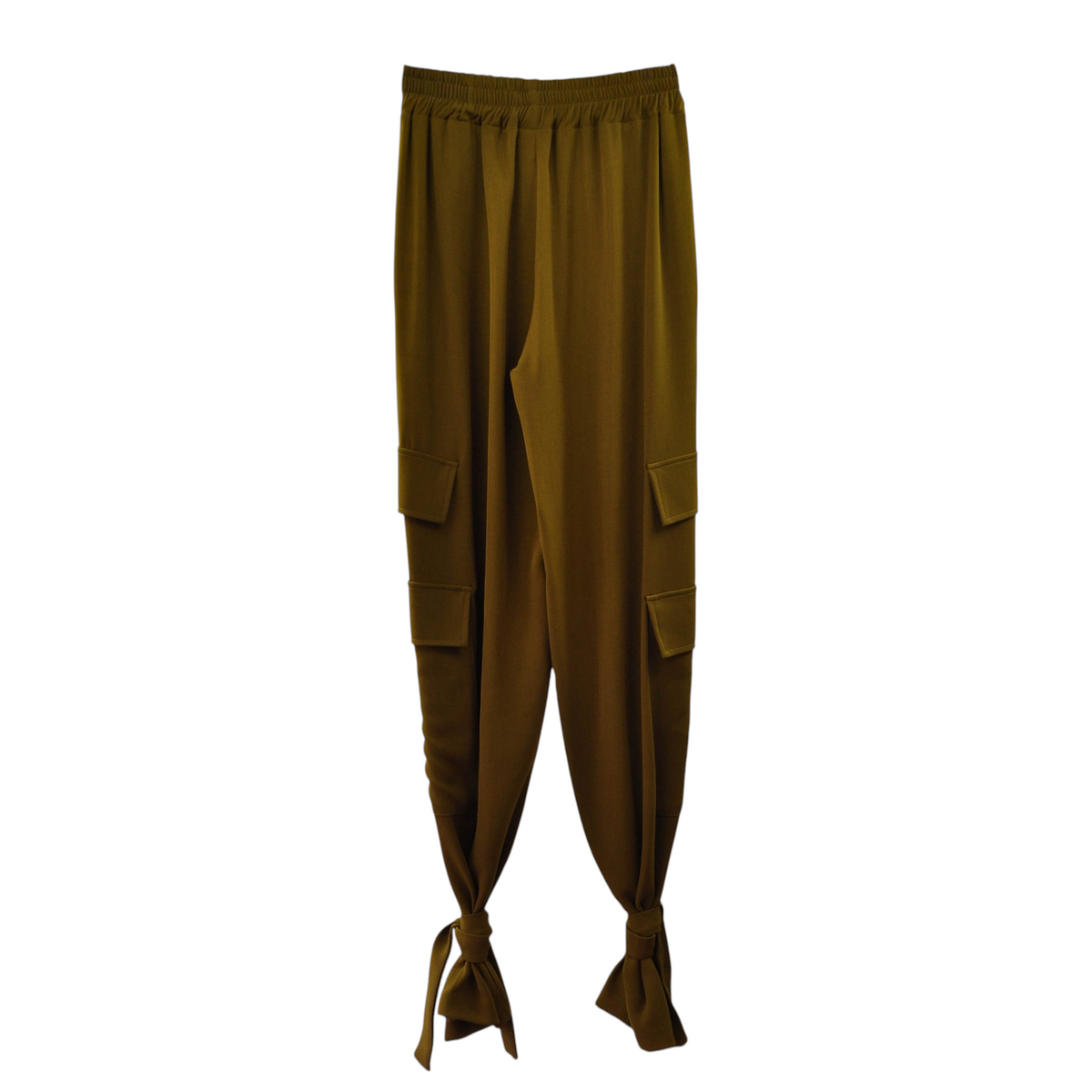 Pantalone cargo Peg Fashion Store color verde oliva con tasche laterali e dettagli a fiocco alle caviglie