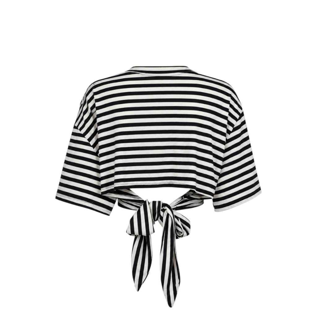 T-shirt a righe Peg Fashion Store con cut-out posteriore, ricami, strass e cintura regolabile a fiocco sul retro