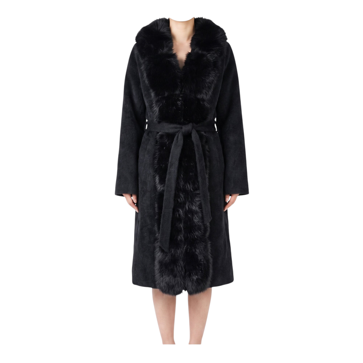 Cappotto lungo nero in eco pelliccia Peg Fashion Store con cappuccio e cintura in vita per una silhouette definita