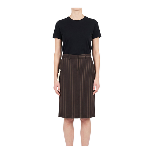Gonna longuette Peg Fashion Store Goldie in tessuto gessato marrone con righe sottili, abbinata a t-shirt nera