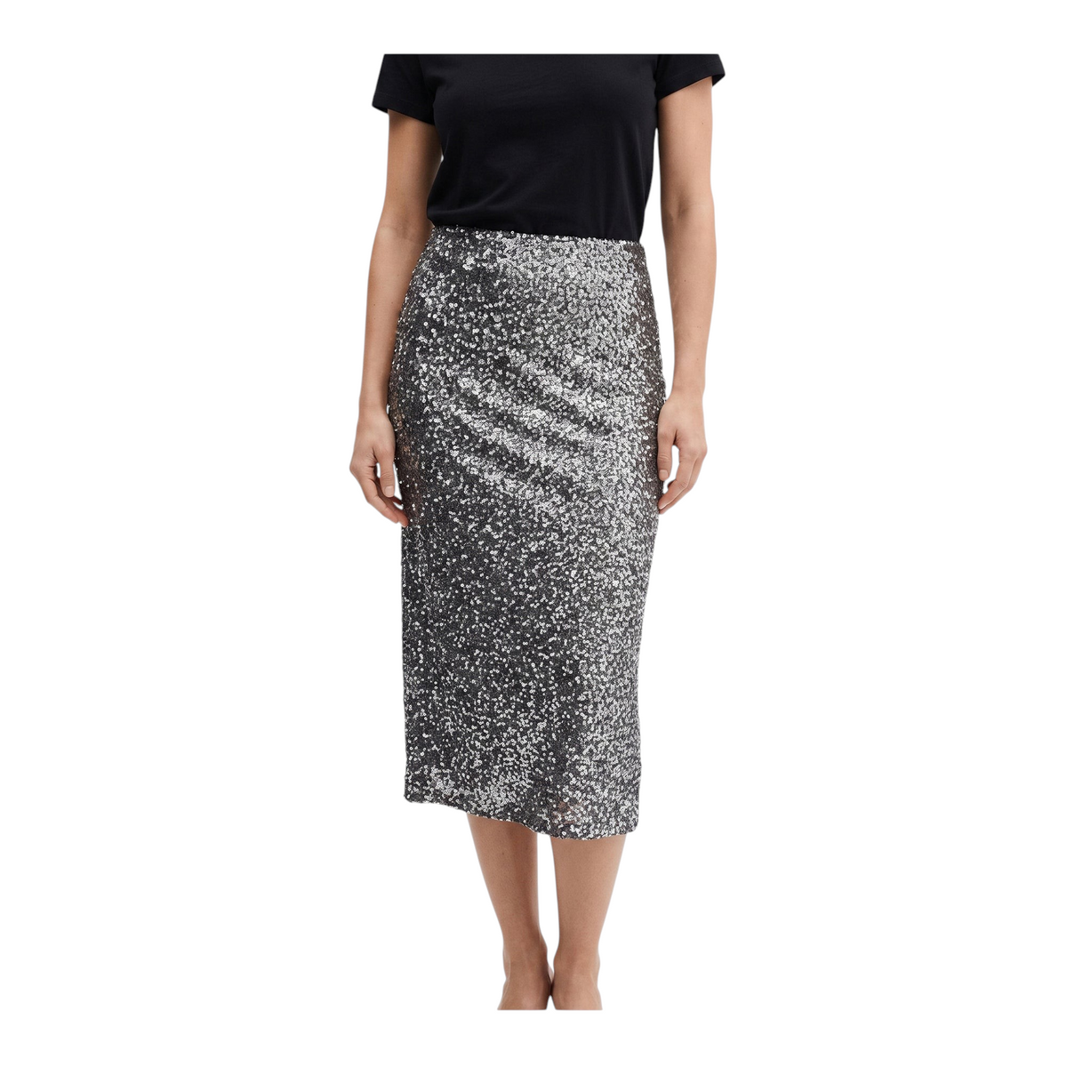 Gonna tubino midi Peg Fashion Store con paillettes argentate brillanti, taglio aderente per un look elegante da sera