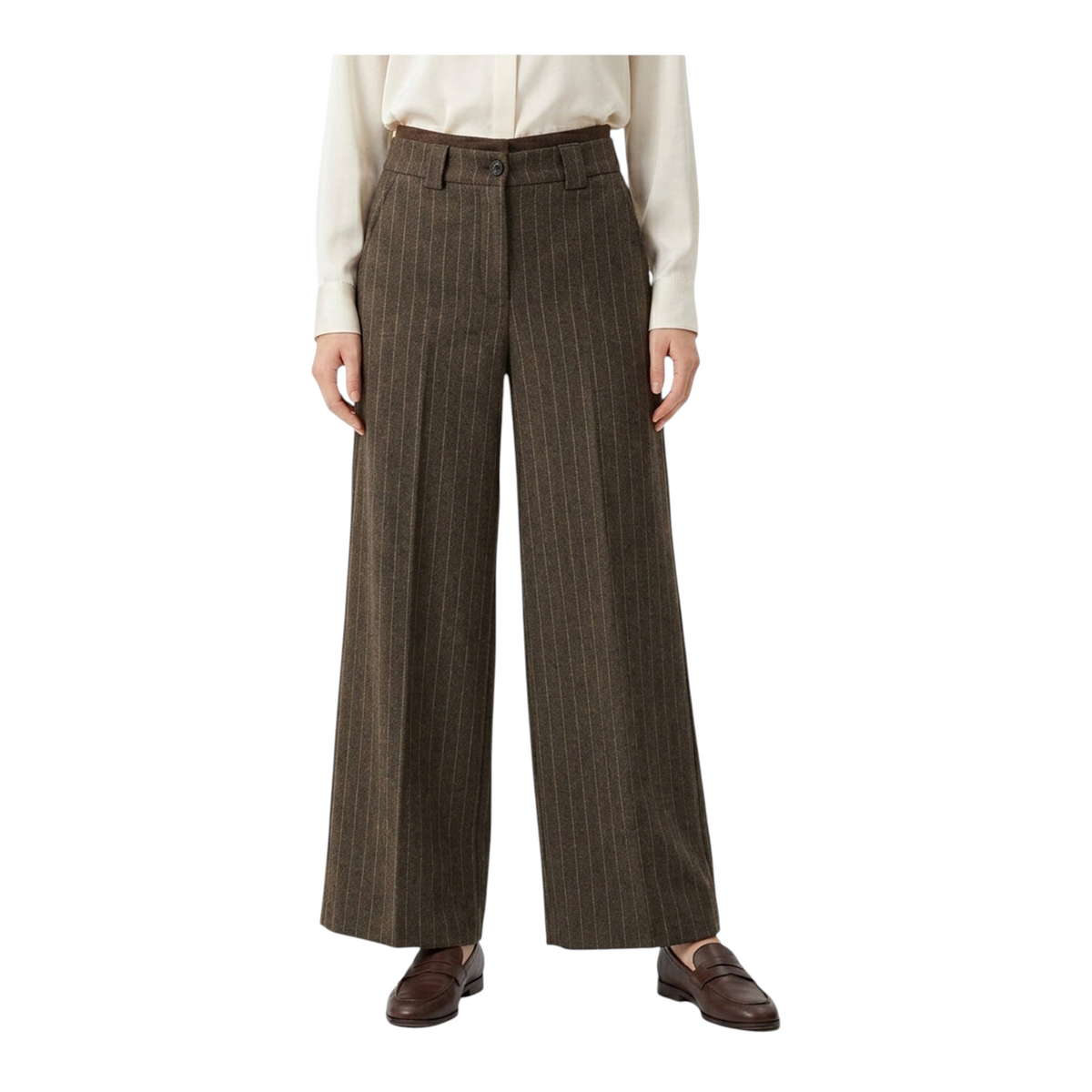 Pantaloni sartoriali Peg Fashion Store a gamba larga, marroni con gessatura sottile, vita alta e taglio fluido.