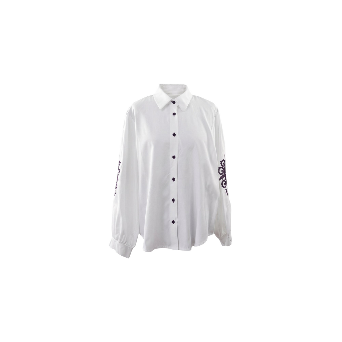 Camicia bianca elegante Peg Fashion Store con bottoni scuri e ricami artigianali decorativi sui gomiti
