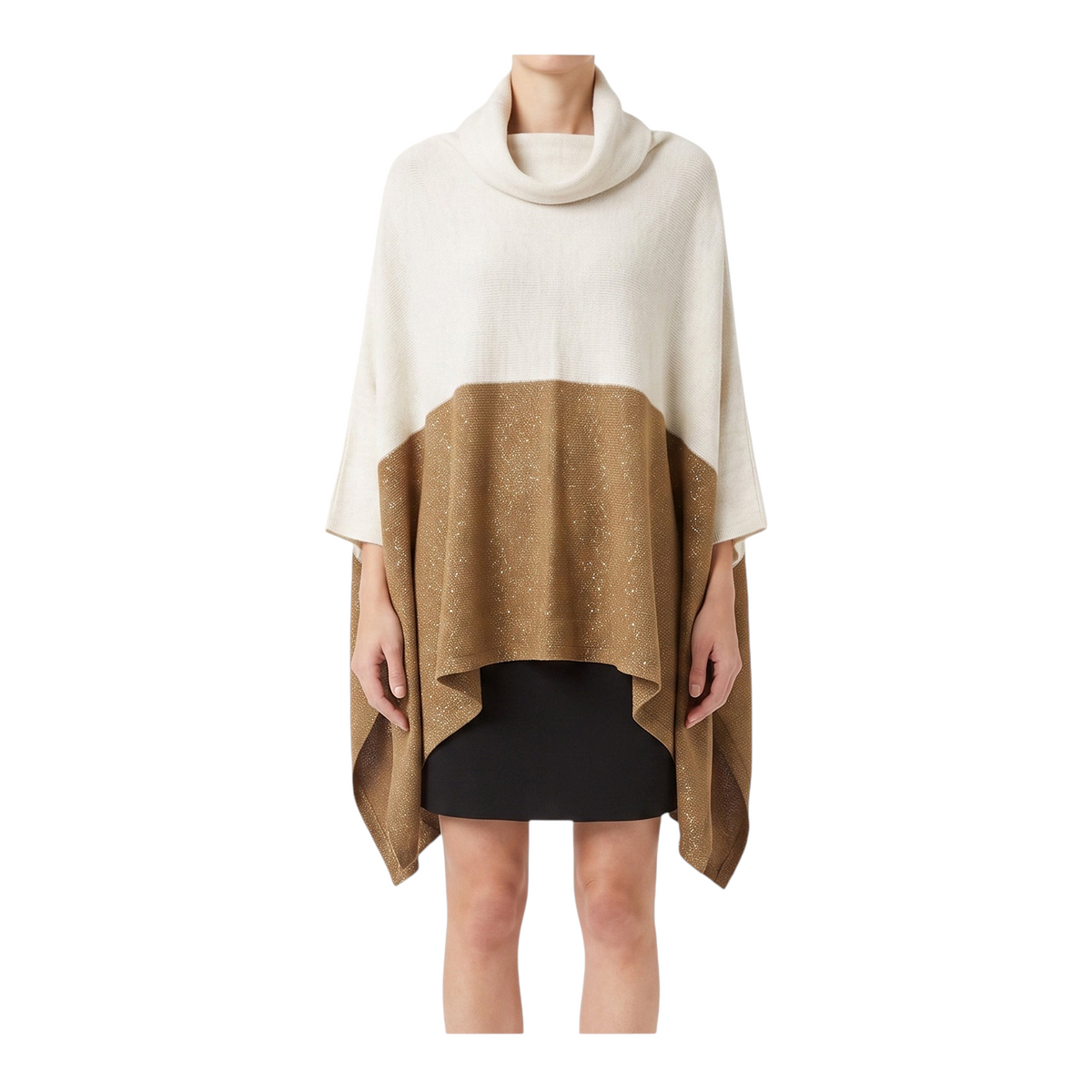 Poncho lungo Peg Fashion Store bicolore in lana e lurex con collo alto, design elegante e drappeggio morbido