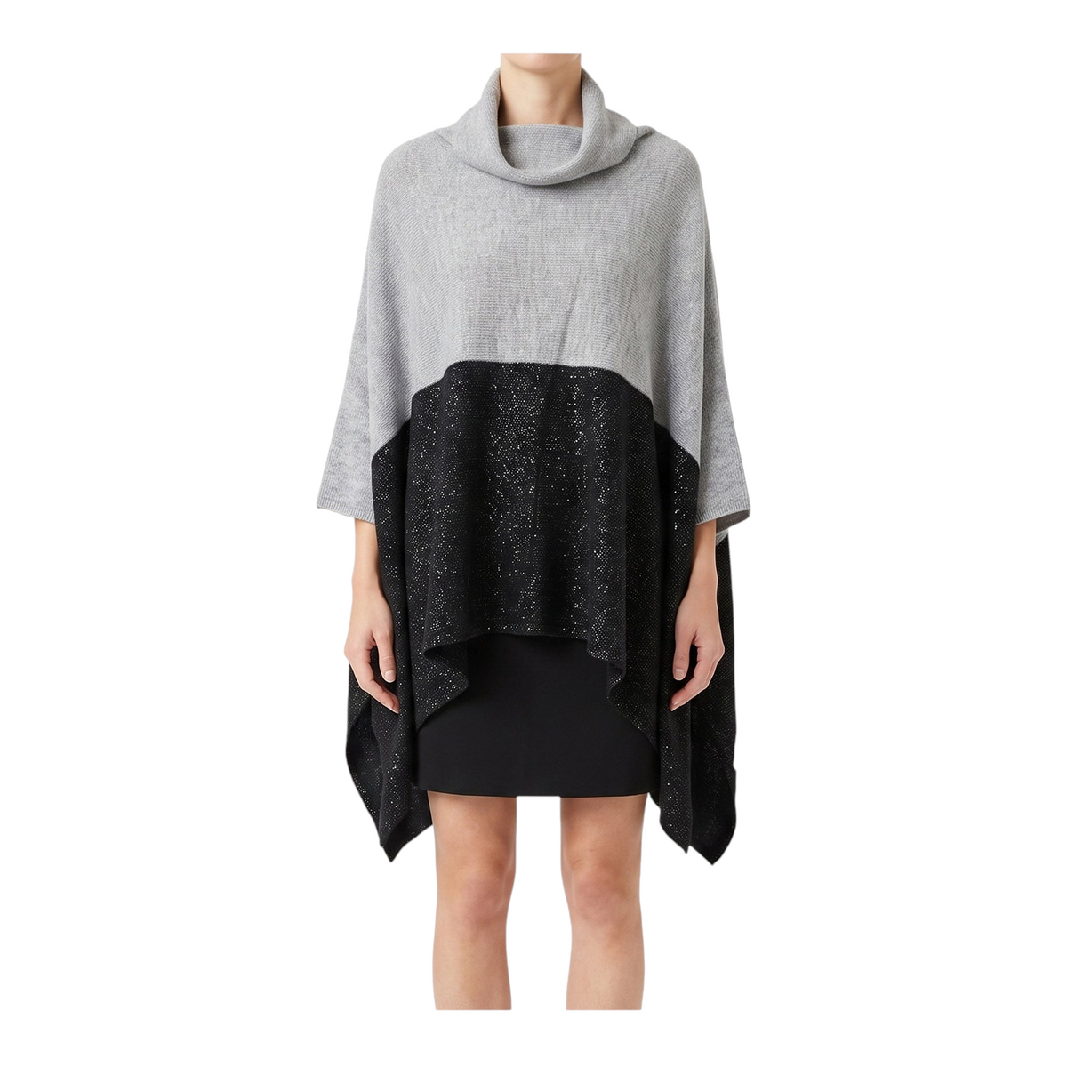 Poncho Peg Fashion Store bicolore in lana e lurex grigio e nero con collo alto e drappeggio morbido