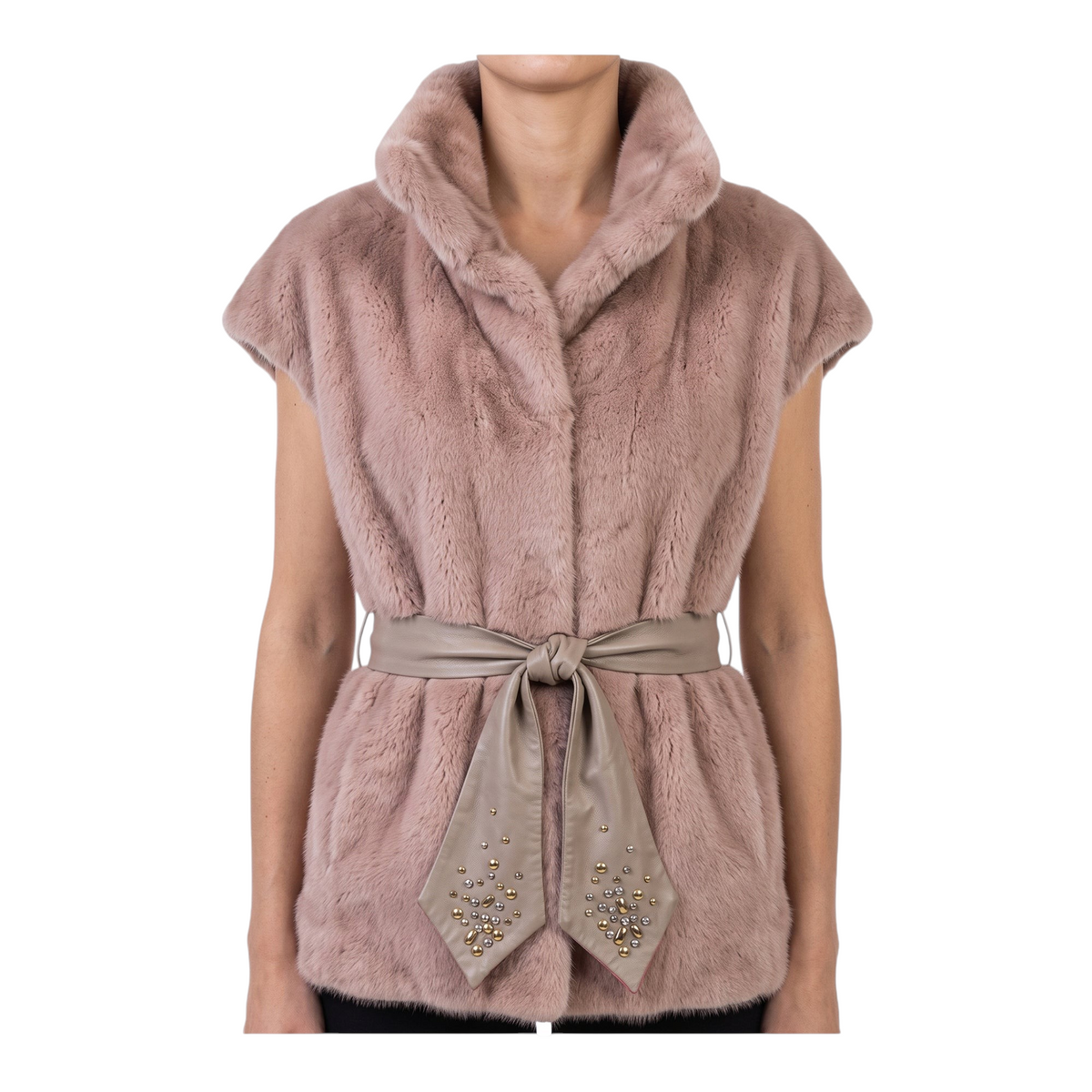 Gilet in ecopelliccia rosa cipria Peg Fashion Store con cintura in ecopelle decorata da borchie metalliche