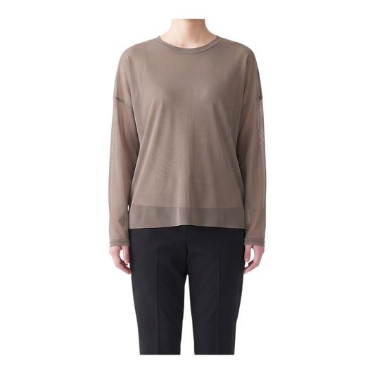 T-shirt a maniche lunghe Peg Fashion Store in tulle color tortora con base in cotone, design elegante e minimalista