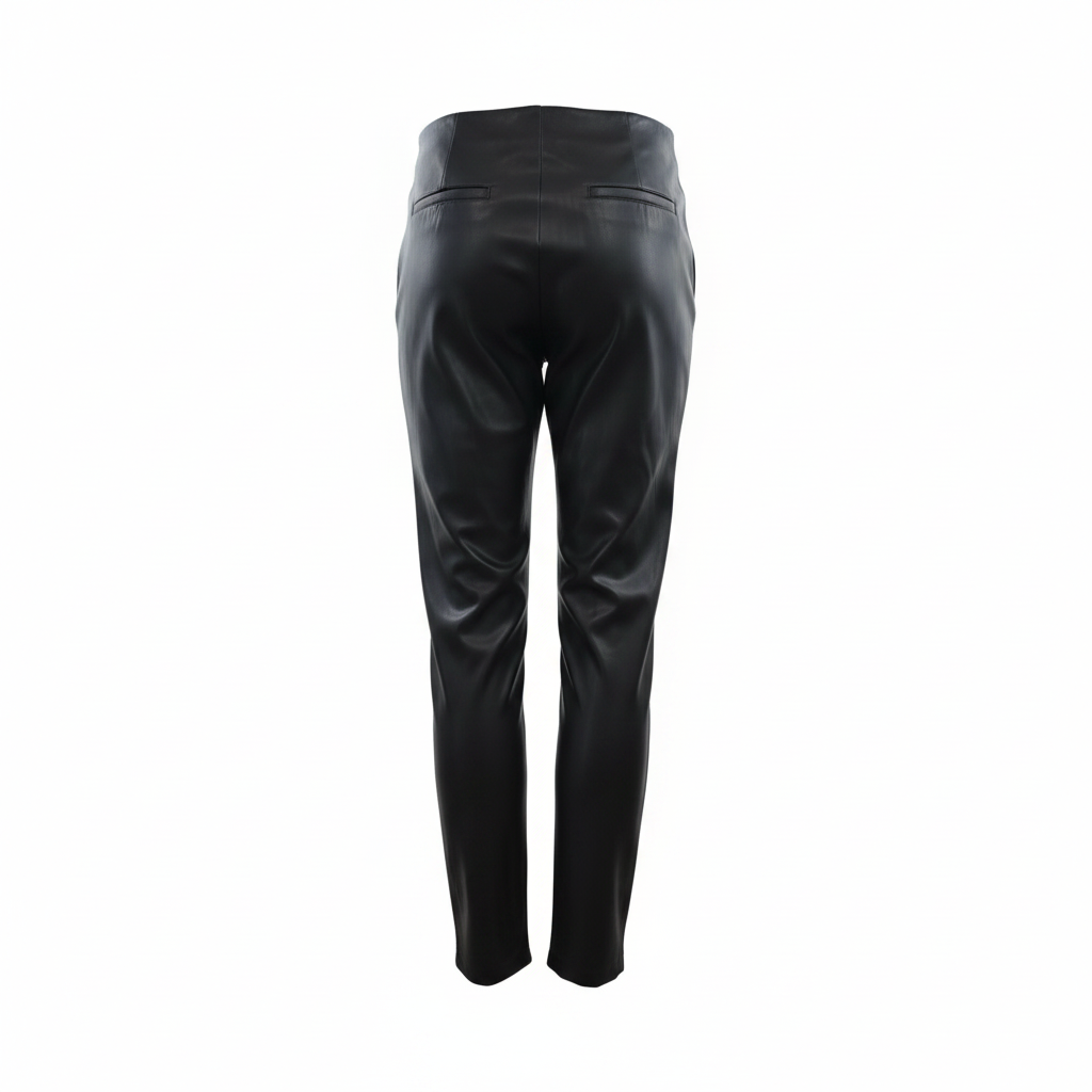 Vista posteriore di leggings neri in ecopelle Peg Fashion Store con tasche finte e vita alta