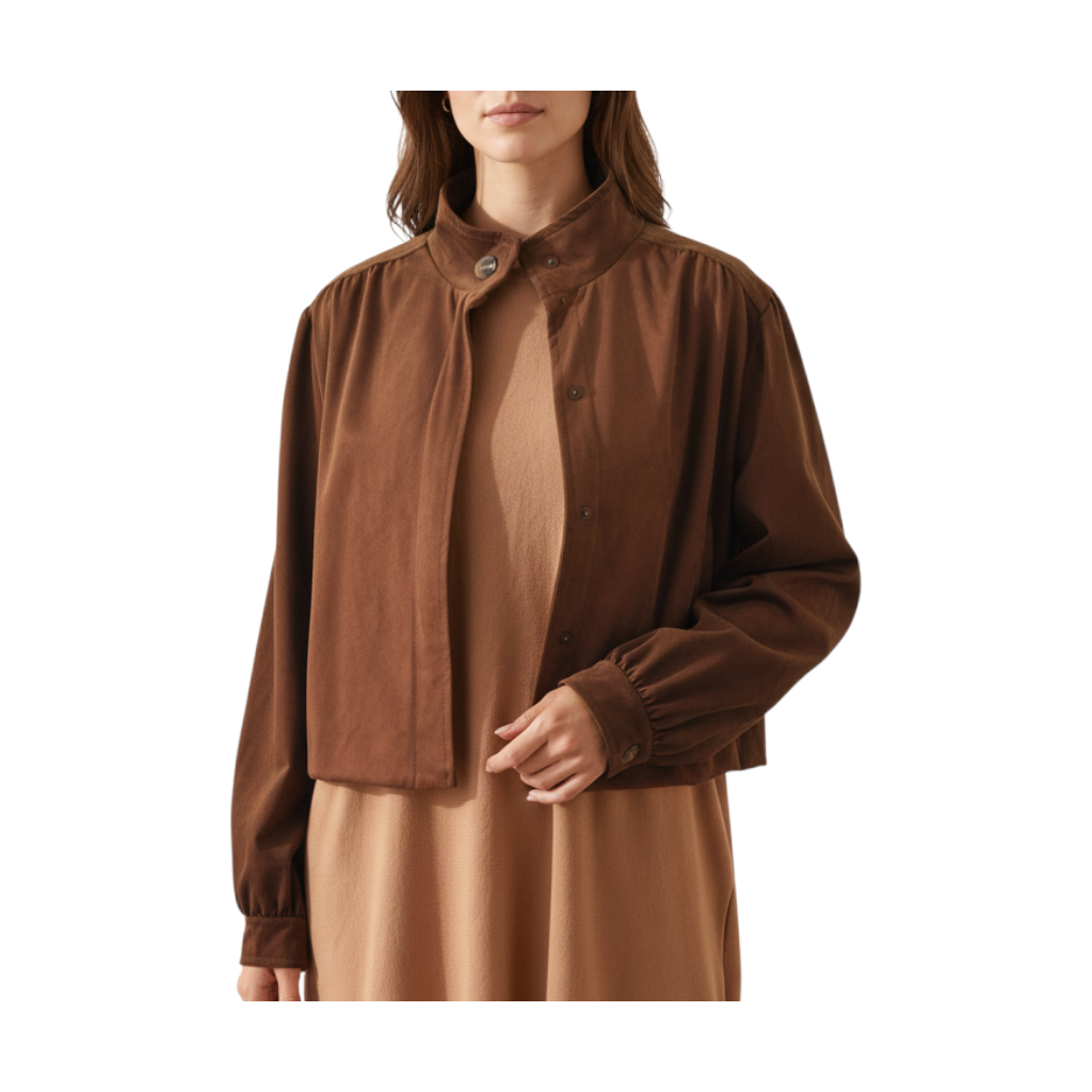 Giacca Peg Fashion Store in camoscio marrone con maniche a palloncino e colletto rialzato