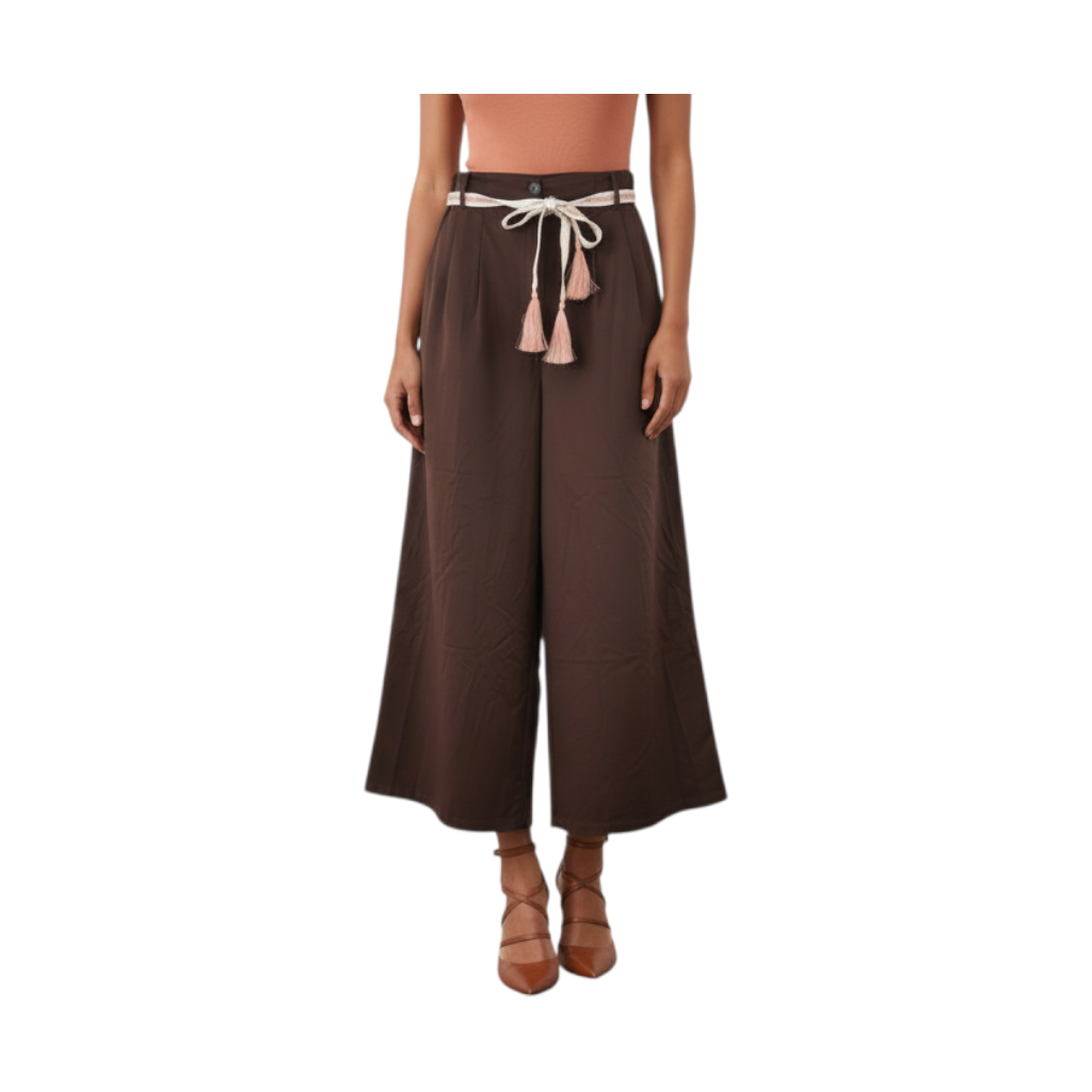Pantaloni palazzo marroni in cotone Peg Fashion Store con cintura in corda e nappe decorative