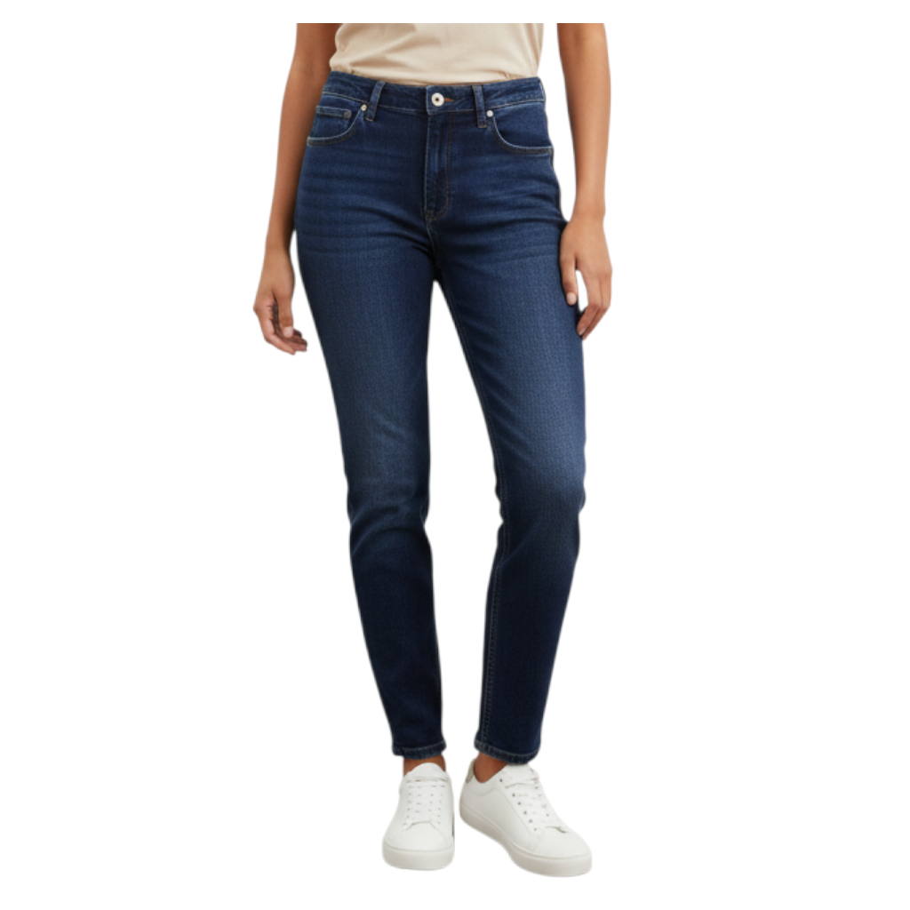 Jeans mom fit a vita alta Peg Fashion Store in denim blu scuro con modello a cinque tasche e gamba affusolata