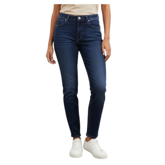 Jeans mom fit a vita alta Peg Fashion Store in denim blu scuro con modello a cinque tasche e gamba affusolata