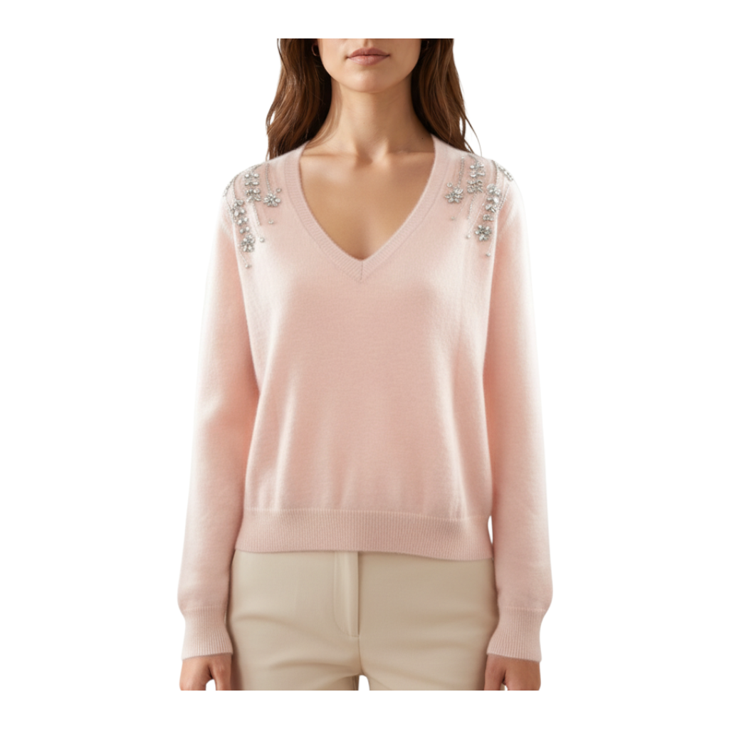 Maglia rosa Peg Fashion Store con scollo a V e dettagli gioiello ricamati sulle spalle