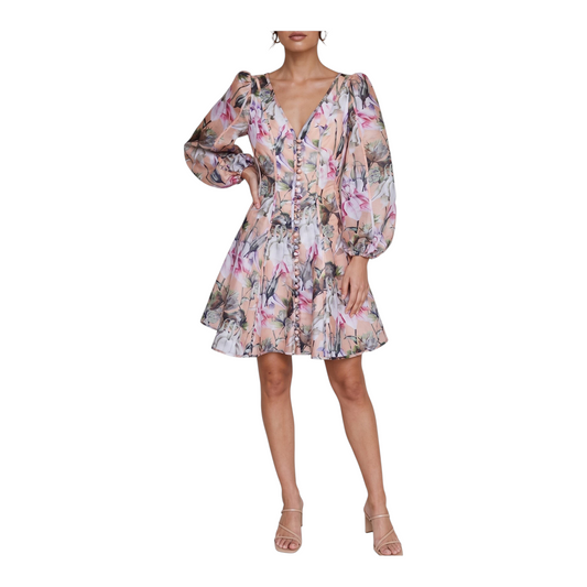 Abito bustier Peg Fashion Store corto con stampa floreale, scollo a V, maniche a sbuffo e bottoni frontali