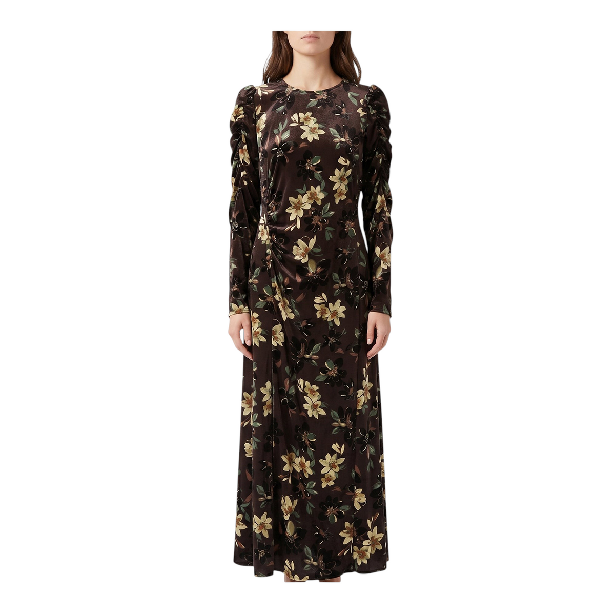 Abito lungo Chloe di Peg Fashion Store in tessuto fluido marrone con stampa floreale, maniche lunghe e arricciature