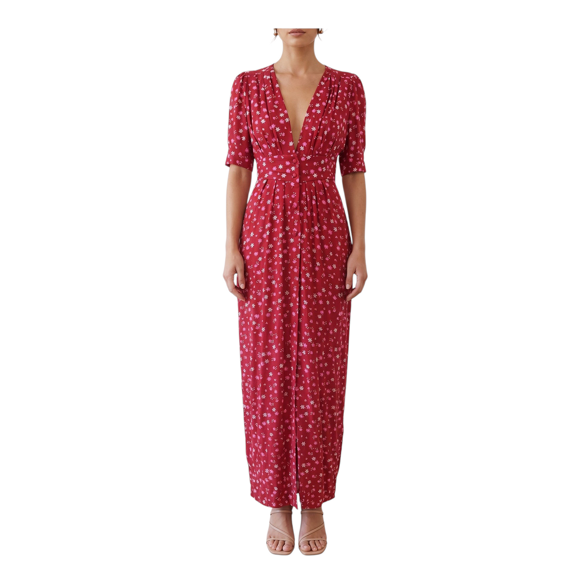 Abito lungo chemisier Peg Fashion Store rosso con stampa floreale bianca, scollo a V e maniche corte