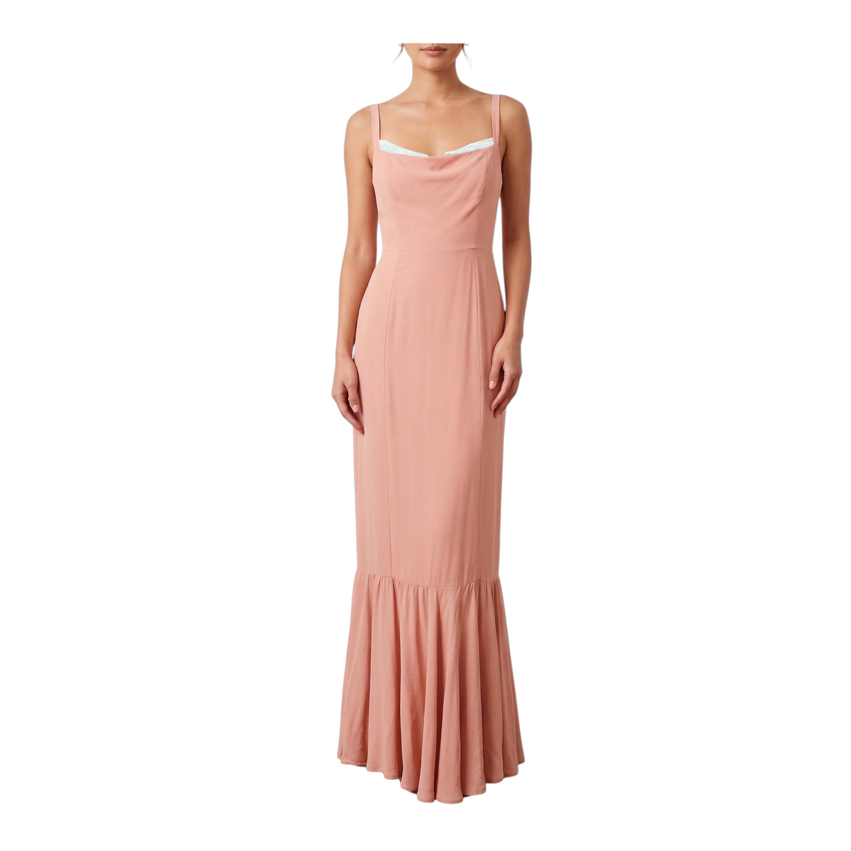Abito lungo Peg Fashion Store Denise color rosa cipria con scollo drappeggiato e orlo a balza