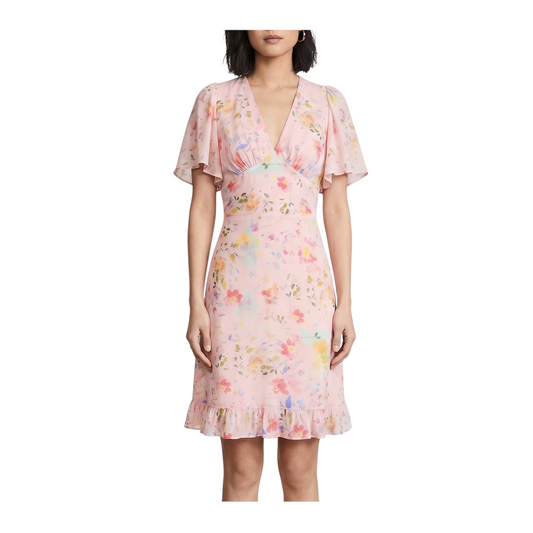 Abito corto Peg Fashion Store rosa con stampa floreale multicolore, scollo a V e maniche a volant