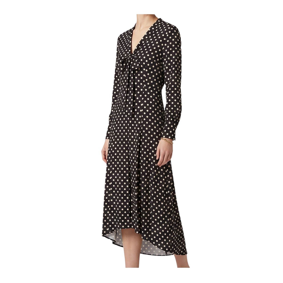 Abito lungo Giorgia Peg Fashion Store nero a pois bianchi con scollo a V e orlo asimmetrico