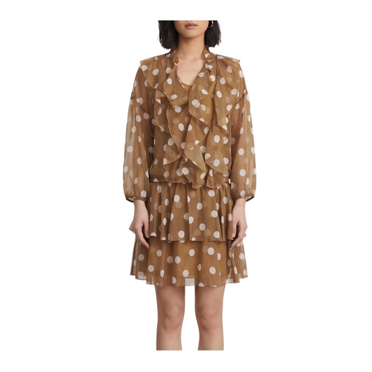 Abito corto Peg Fashion Store in mussola marrone a pois bianchi con volant e maniche lunghe