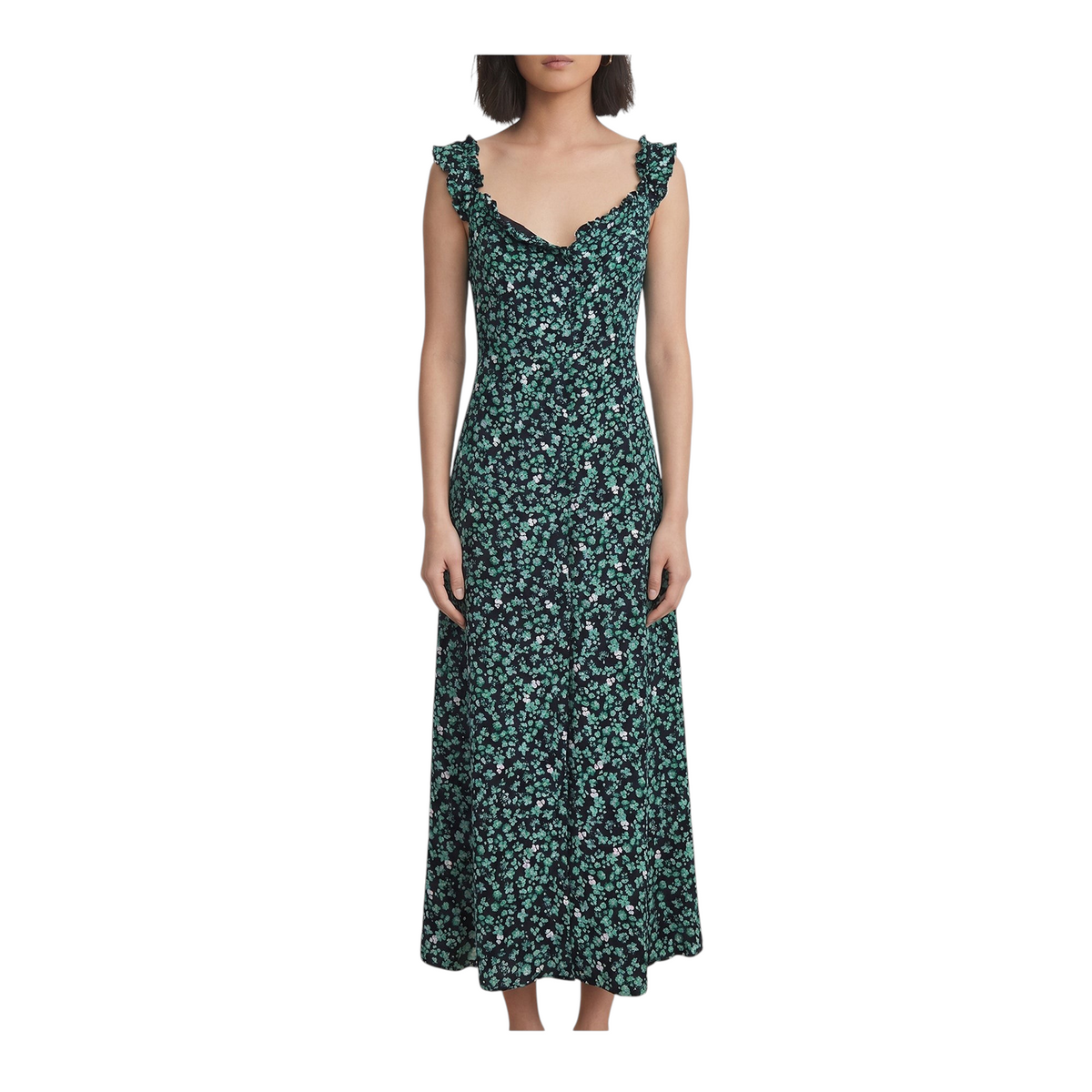 Modella indossa abito midi Peg Fashion Store Margaret verde a fiori con scollo a volant e spalline arricciate