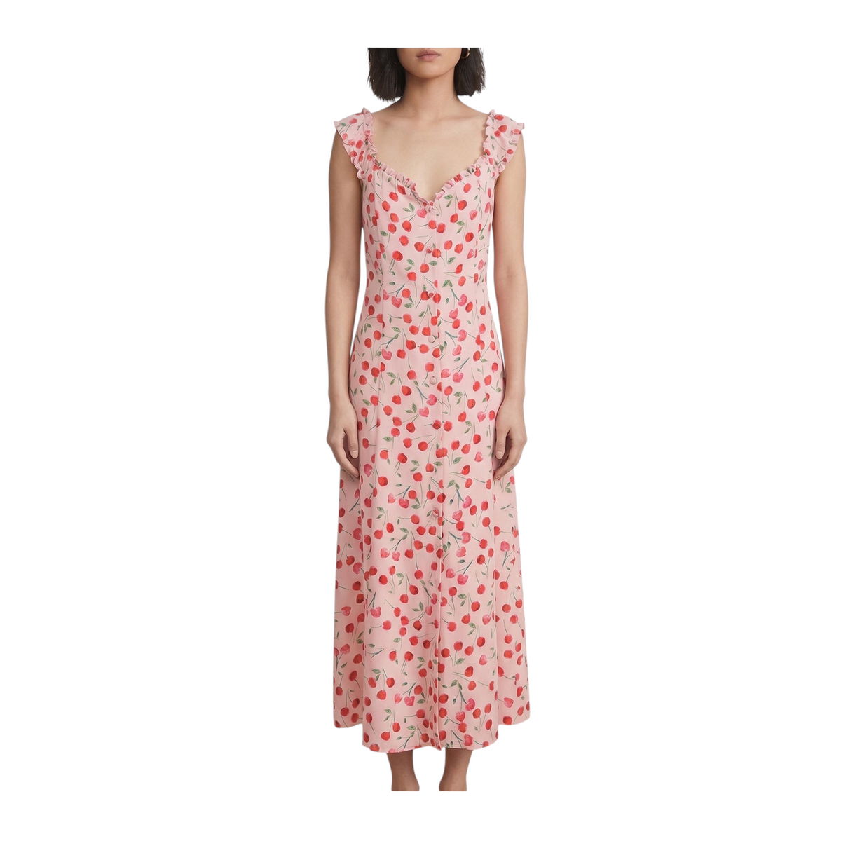 Abito midi Peg Fashion Store rosa con stampa a ciliegie, scollo a V con volant e chiusura frontale a bottoni
