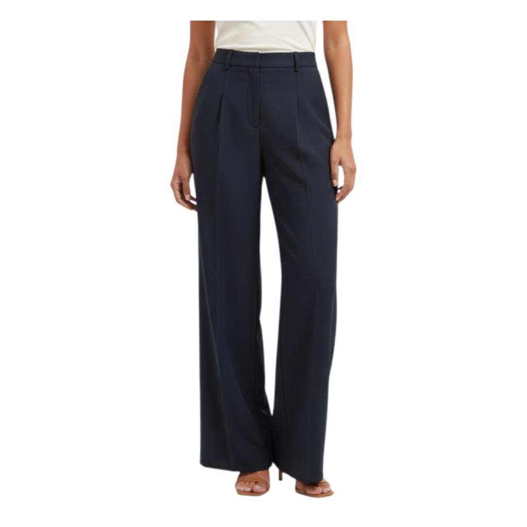 Pantalone Peg Fashion Store a gamba larga blu navy con pieghe frontali e vita alta indossato da una modella