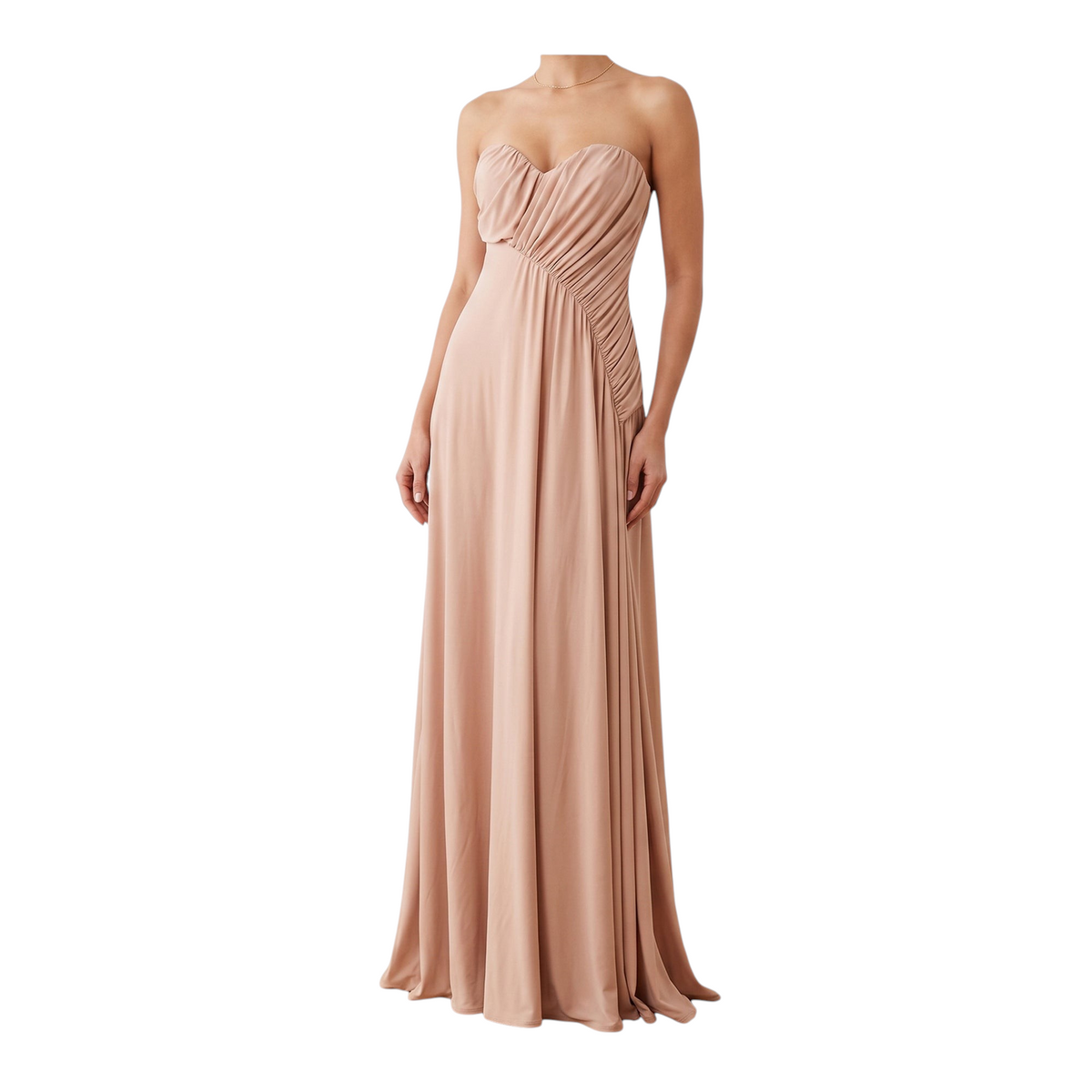 Abito lungo da sera Peg Fashion Store modello Amy color cipria senza spalline con drappeggio laterale elegante
