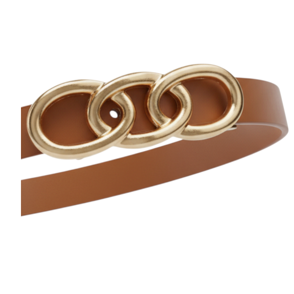Cintura Peg Fashion Store marrone con fibbia decorativa a cerchietti dorati intrecciati