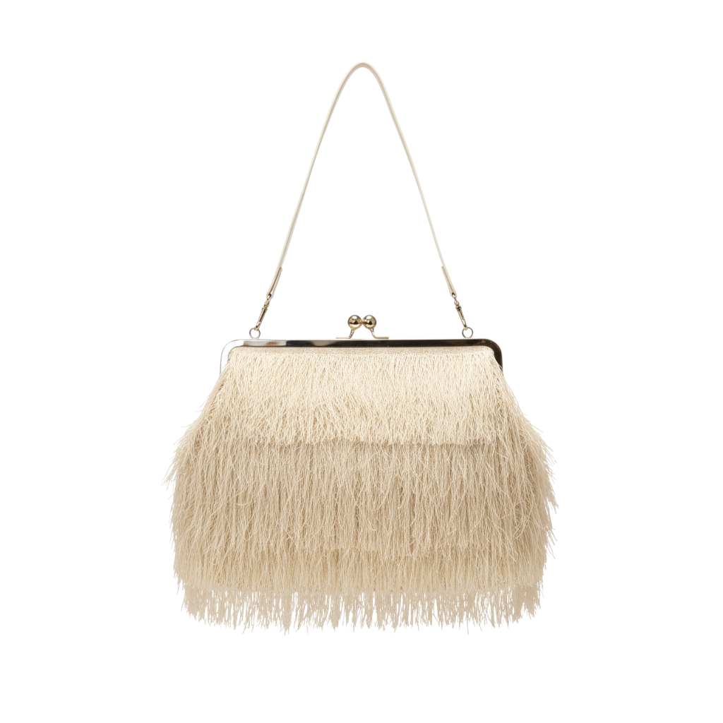 Borsa Peg Fashion Store color crema con frange decorative e chiusura a scatto metallica elegante