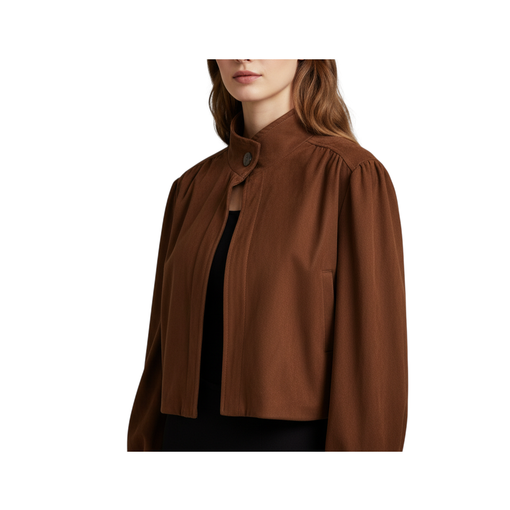 Bomber in camoscio marrone Peg Fashion Store con colletto alto e chiusura a bottoni, stile casual-chic raffinato