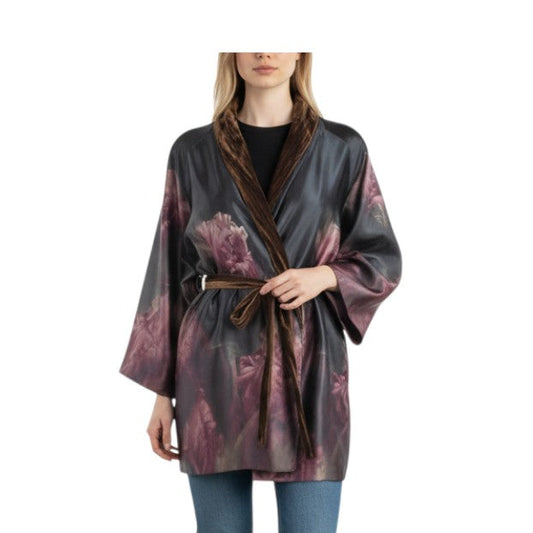 Kimono a fiori con dettagli in velluto