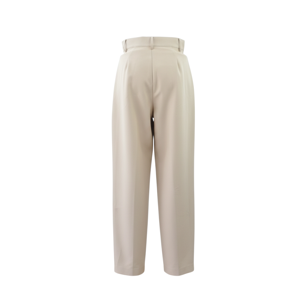 Pantalone Peg Fashion Store color beige a vita alta con pieghe frontali, vista posteriore