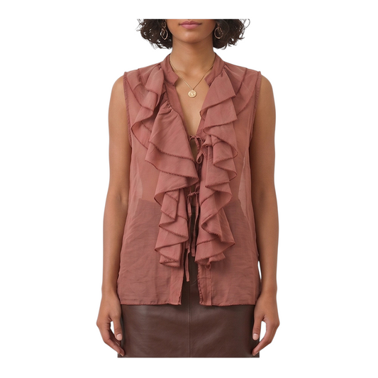 Blusa smanicata Peg Fashion Store in mussola color ruggine con volant frontali e chiusura a lacci