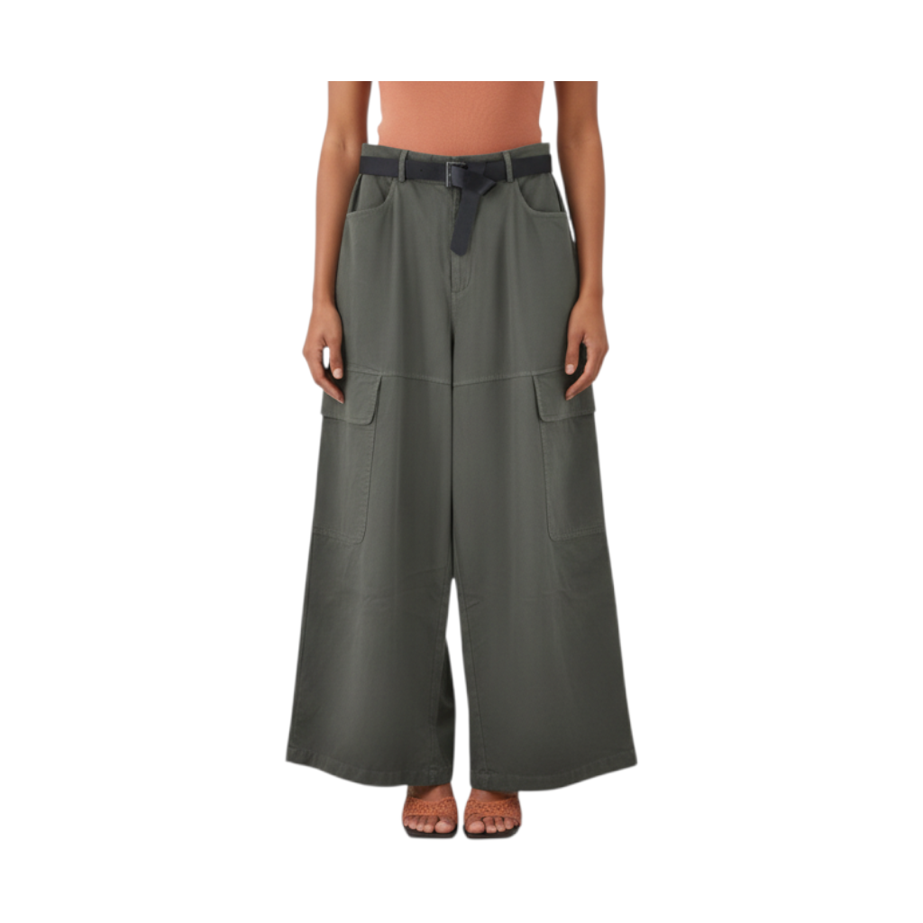 Pantalone cargo Peg Fashion Store verde oliva a gamba larga con cintura nera e tasche laterali