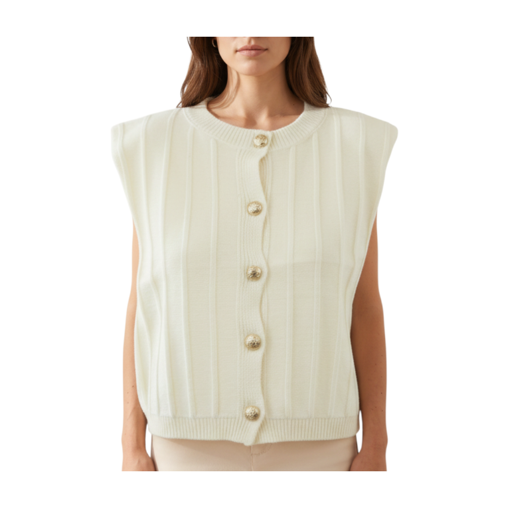 Gilet girocollo Peg Fashion Store color crema in maglia a coste con bottoni gioiello dorati