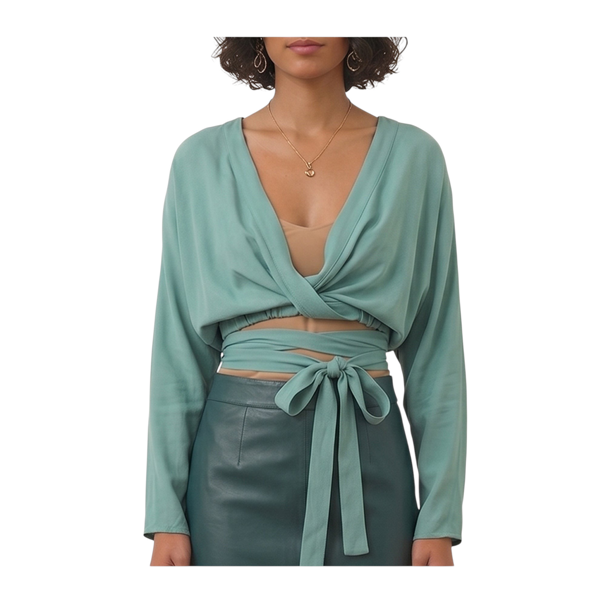 Camicia Carla Peg Fashion Store verde acqua con scollo a V incrociato e laccetti in vita in tessuto fluido