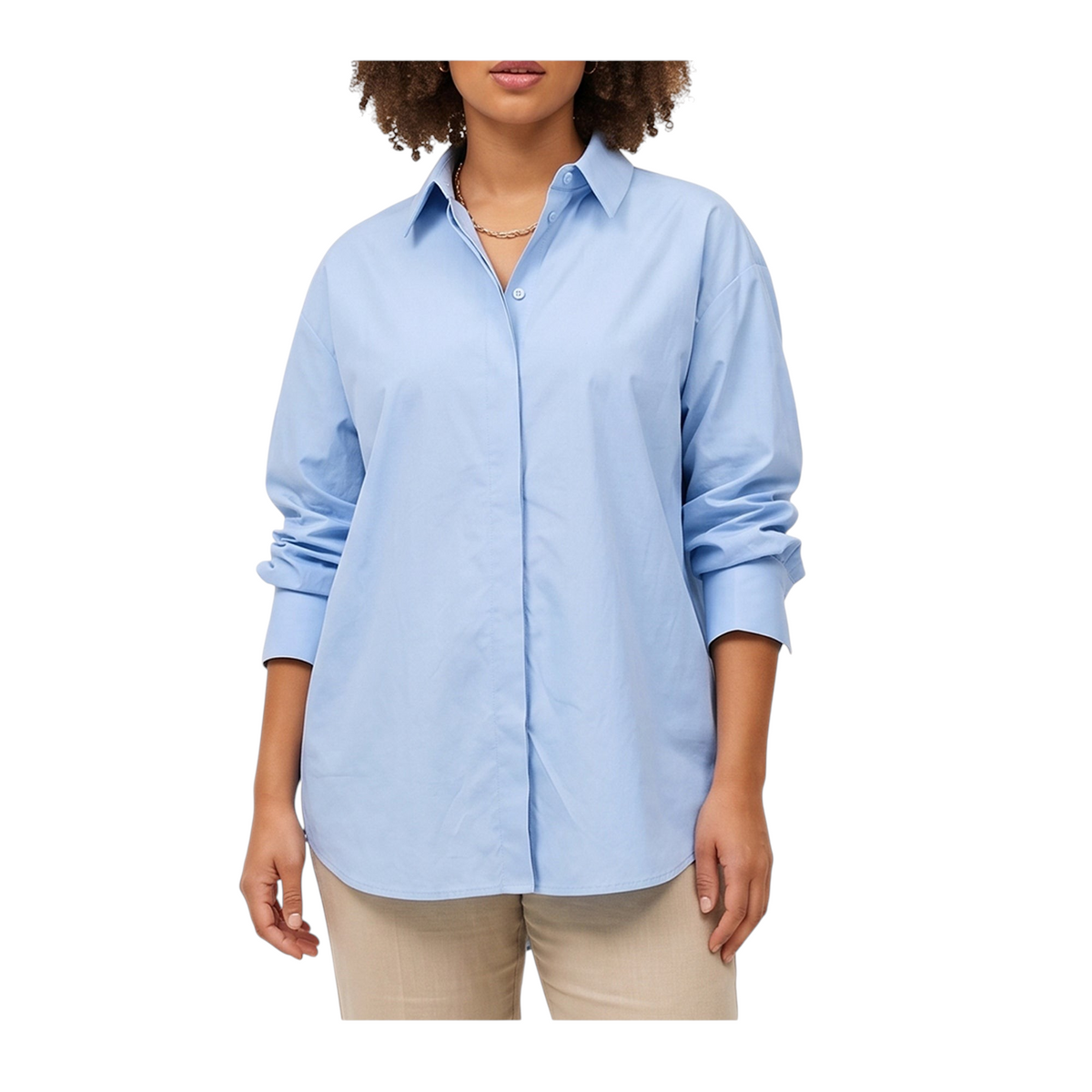Camicia over Peg Fashion Store in popeline di cotone azzurro con maniche a sbuffo e bottoni nascosti