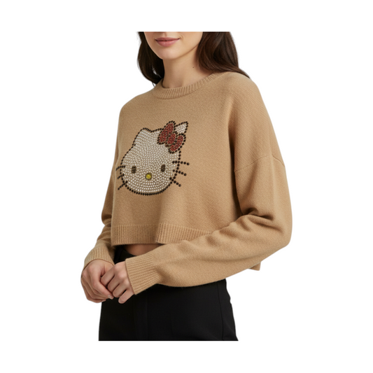 Maglioncino crop beige Peg Fashion Store con applicazione di strass Hello Kitty e scollo rotondo