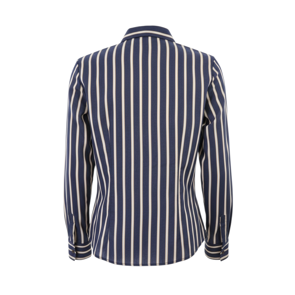 Vista posteriore della camicia a righe blu e bianche di Peg Fashion Store con maniche lunghe e colletto classico