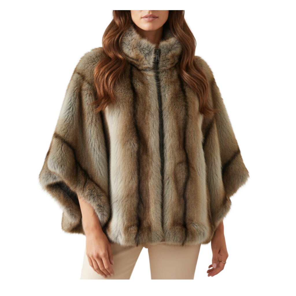 Mantella in ecopelliccia marrone sfumata Peg Fashion Store, design elegante con chiusura a zip frontale